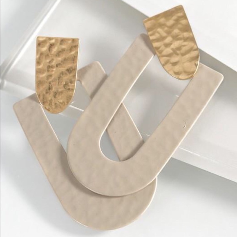 Metal and Rubber Modern Dangle Earrings- Beige